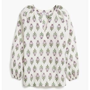 J.CREW‎ Top 100% Cotton V-neck Printed Popover Blouse Women's Size Large Cream